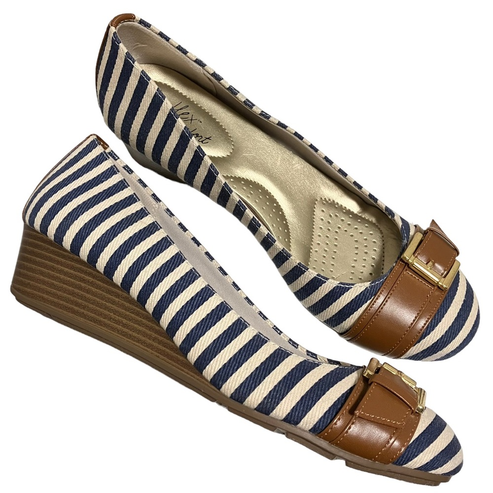 Dexflex Comfort Navy/Cream Stripe Tan Buckle Wedges